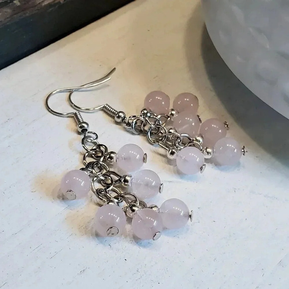 Rose Quartz Pink Gemstone Bead Dangle Silver Platinum Plated Earrings - Picture 8 of 10